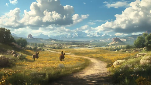 Riders following dirt path through wide mountain valley landscape.
