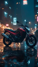 Red street motorcycle in wet nocturnal urban roadway scene.