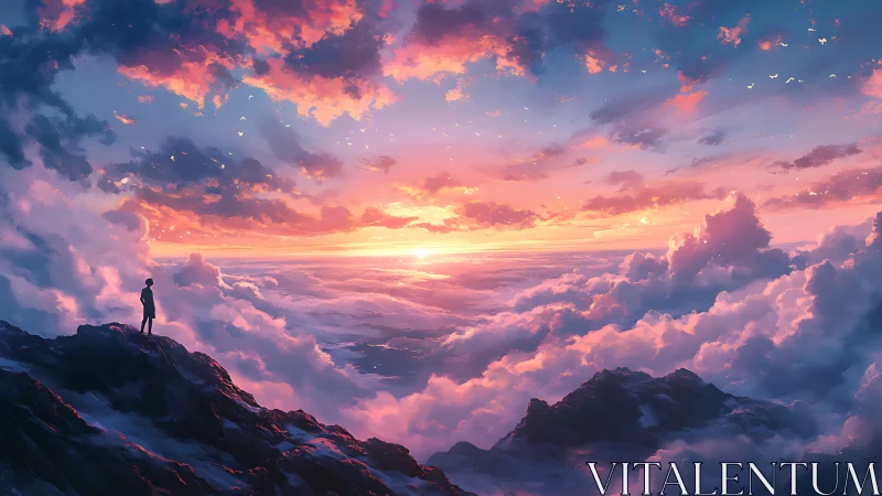 Solitary figure contemplates a radiant sunrise above the clouds