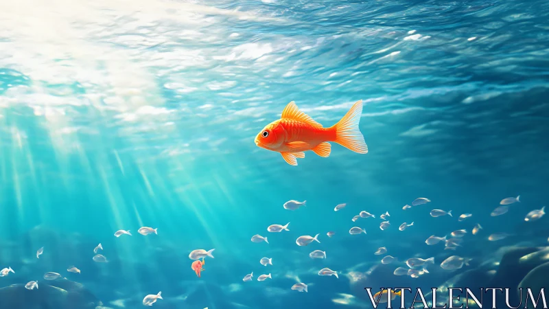 Golden fish glides through sunlit blue water in tranquil depth
