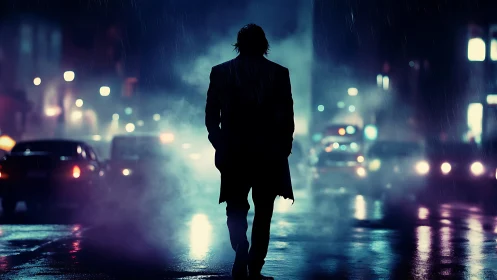 Lone figure walks through neon city rain at night.