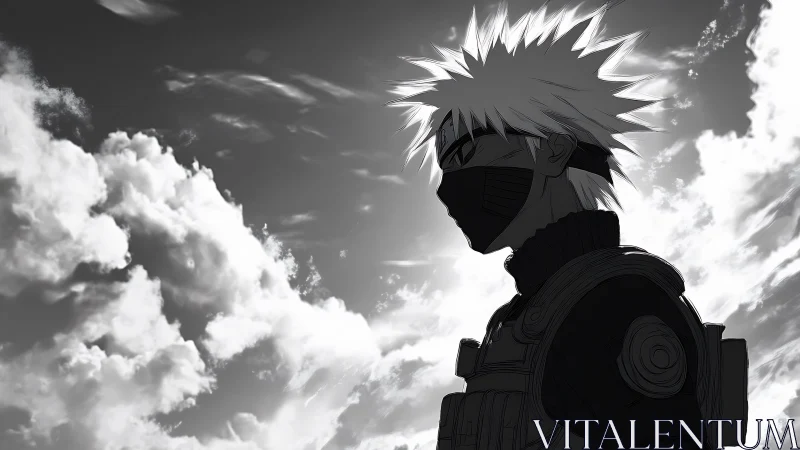 Masked anime warrior silhouette under dramatic cloud sky