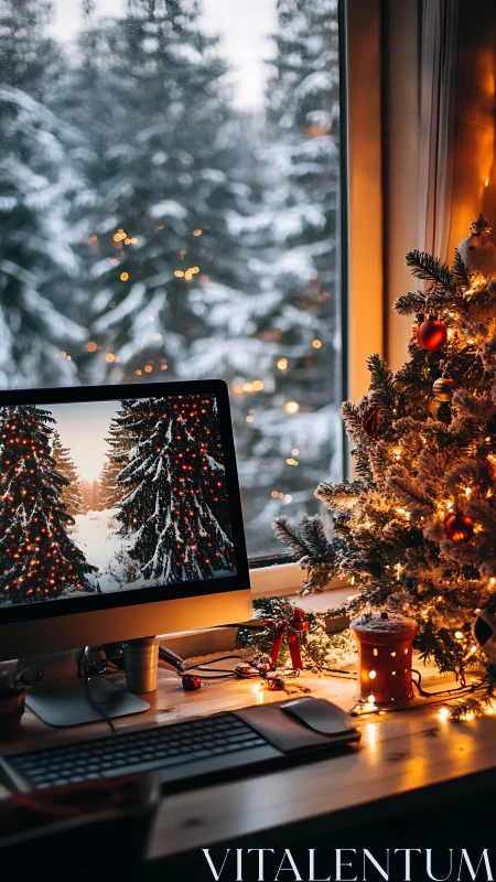 Cozy winter workspace glows with warm Christmas lights.