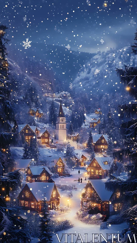 Winter alpine village at dusk rendered with cinematic lighting