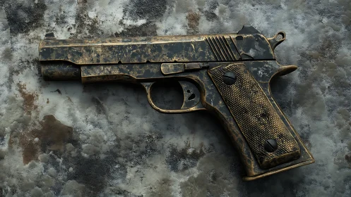 Weathered handgun render with corroded metallic surface detailing.