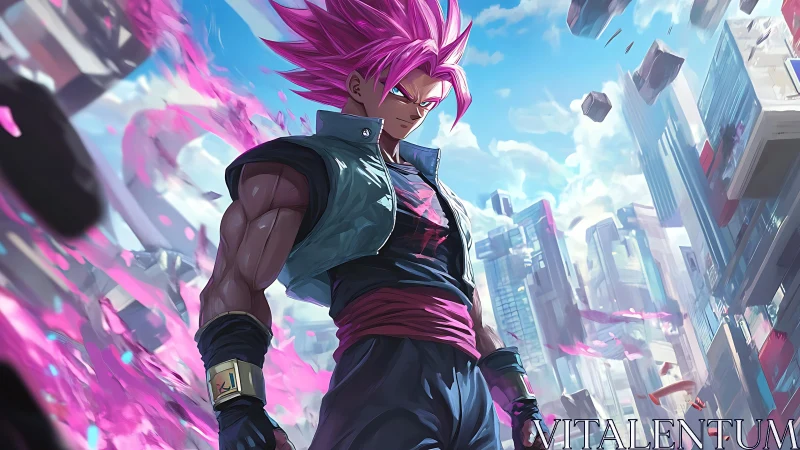 Neon tempest warrior amid levitating city shards.