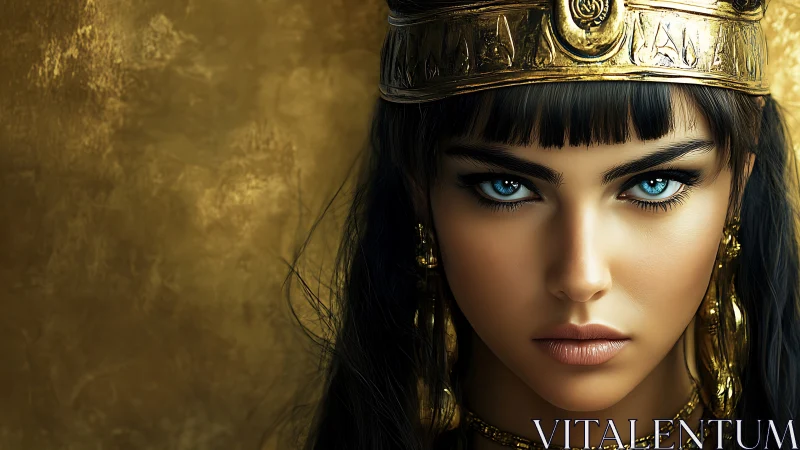 Regal blue eyed queen framed in glowing ancient gold.