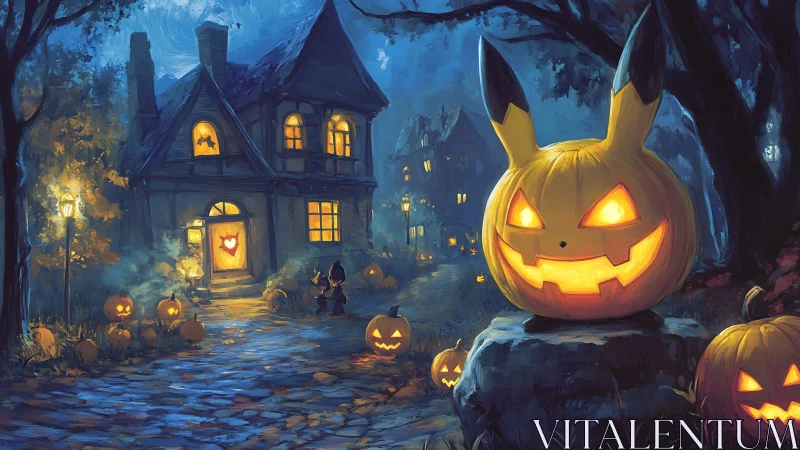 Halloween house with glowing character jack-o-lanterns at night