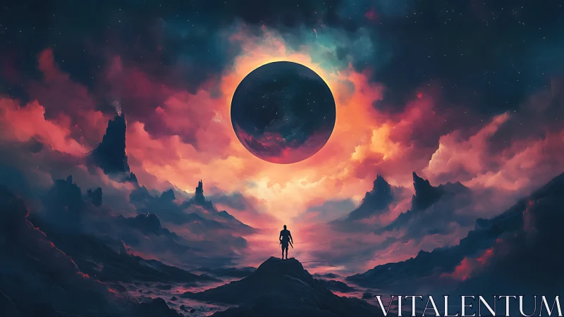 Wanderer beneath eclipsed nebula skies on alien shores.