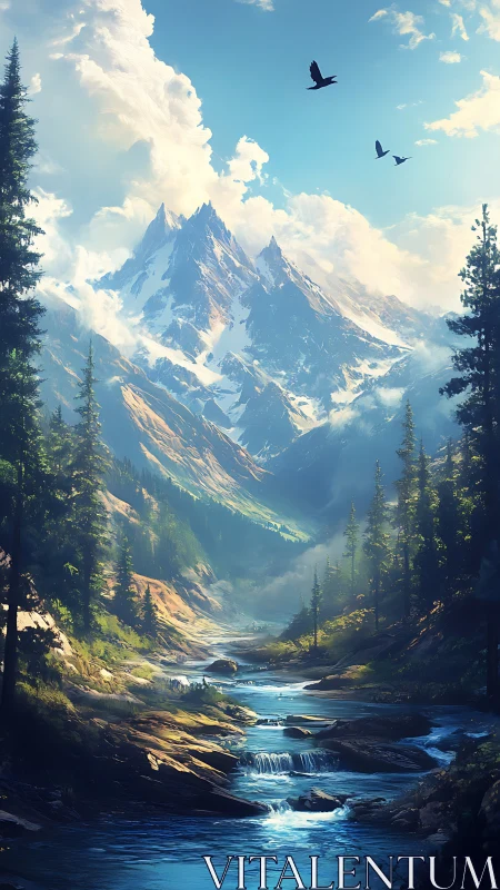 Mountain river morning beneath soaring alpine peaks.