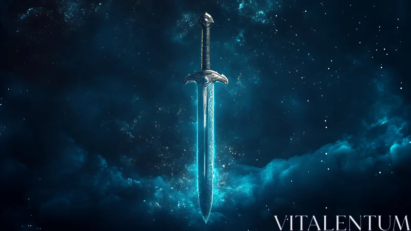 Starlit enchanted sword glows softly in a cosmic sky