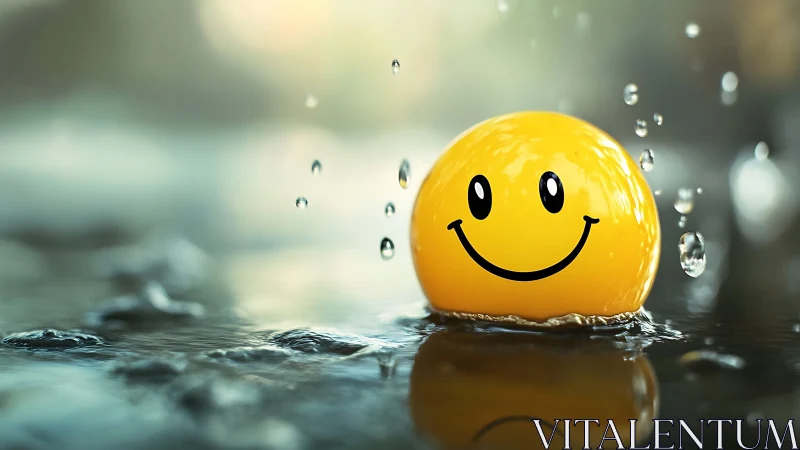 Smiling yellow ball splashing joyfully in gentle water.
