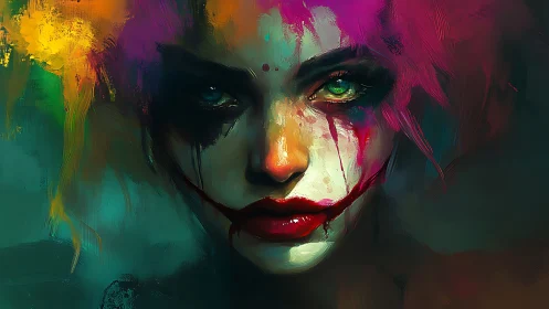 Neon-scarred jester queen with venomous emerald gaze.