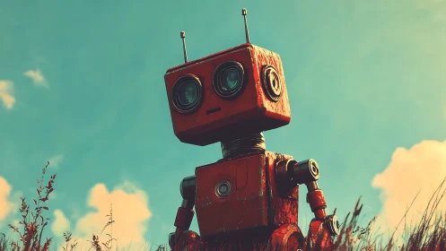 Rustic red field robot under teal sky with soft sunlight.