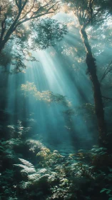 Sunlight Penetrates Dense Misty Forest Canopy
