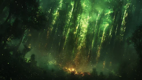 Ethereal Forest Illumination with Radiant Particle Effects.