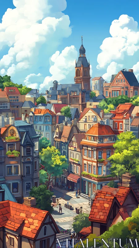 Sunlit European town plaza with mid-rise gabled roofs