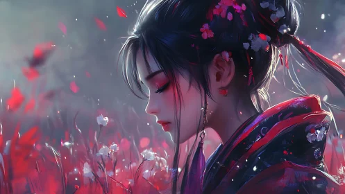 Side profile of serene woman in red floral field at dusk.