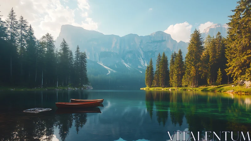Mountain lake with conifer forest and moored wooden boats.