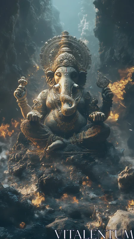 Divine Ganesha statue amid firelit cavern depths.