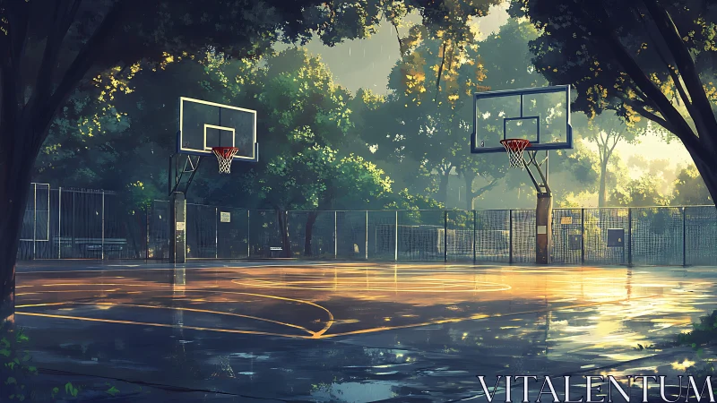 Rainwashed hoops breathe quiet gold into the waking park