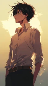 Side profile of youth in shirt against pale sky backdrop.