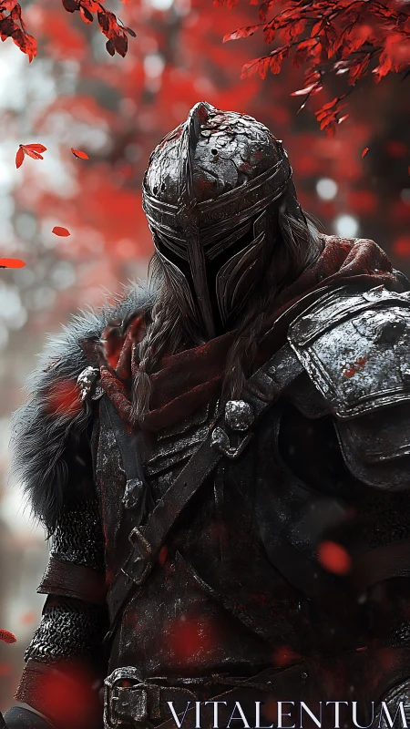 Armored warrior in fur-trimmed plate harness under scarlet canopy