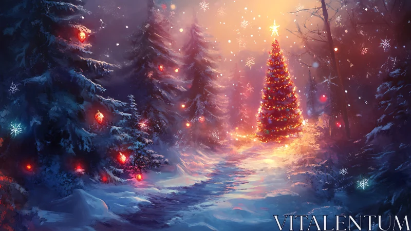 Enchanted forest path to a star crowned Christmas tree.