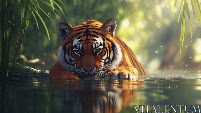 Solitary tiger resting in shallow forest water pool.