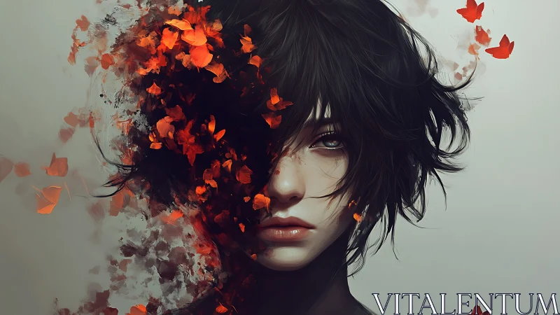 Digital portrait with disintegrating butterfly particulate veil.