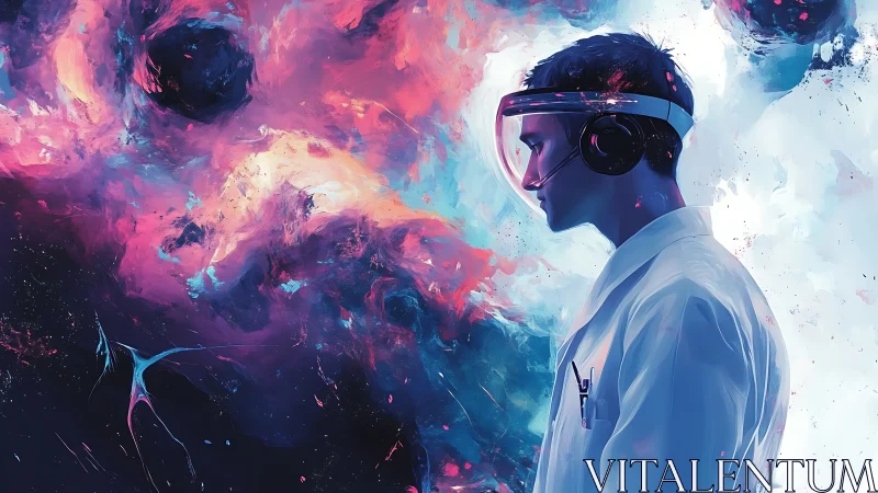 Scientist in headset facing abstract cosmic nebula field.