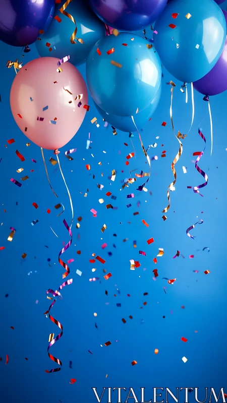 Colorful Balloons and Confetti Against Blue Sky