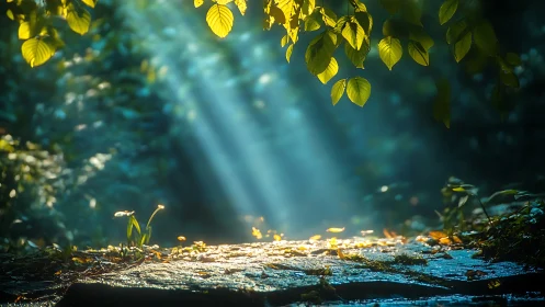 Morning Sun Rays Illuminate Peaceful Forest Floor, Nature Scene.