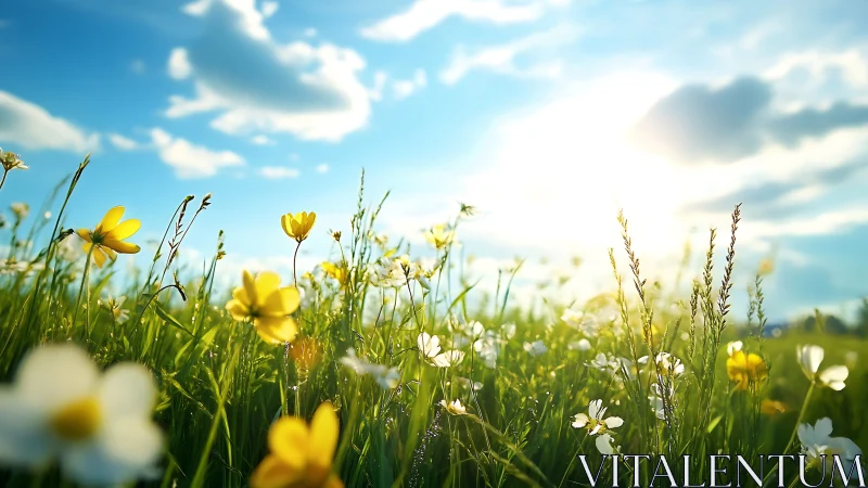 Wildflower meadow under bright afternoon sunlight.