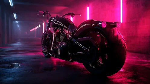 Neon tunnel cruiser basks in electric magenta glow at night.