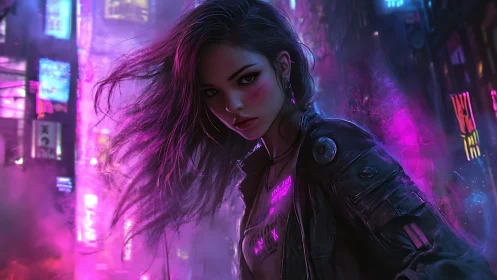 Cyberpunk heroine under neon rim light in dense urban smog