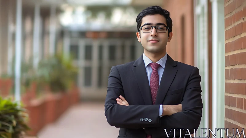 Confident young professional stands poised in modern walkway