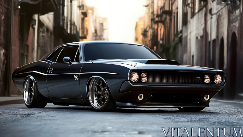 Black muscle car dominates narrow urban street at dusk.