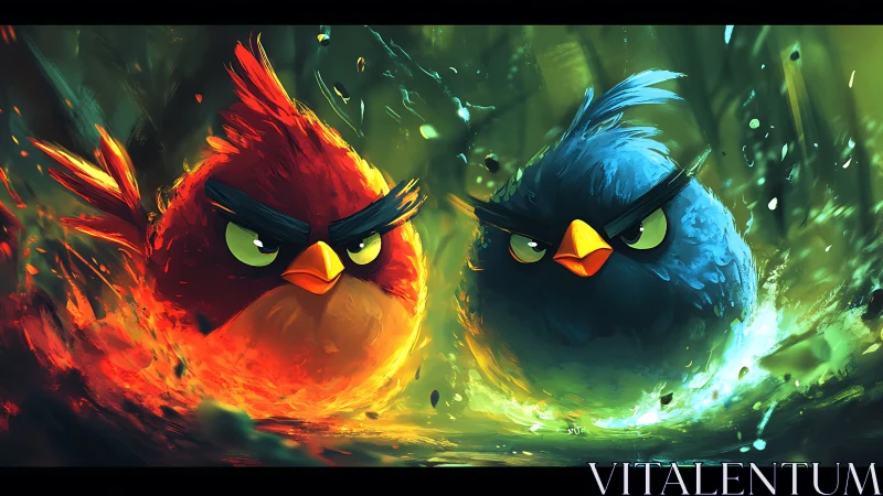 Fiery Red and Electric Blue Birds in Dramatic Digital Art Style.