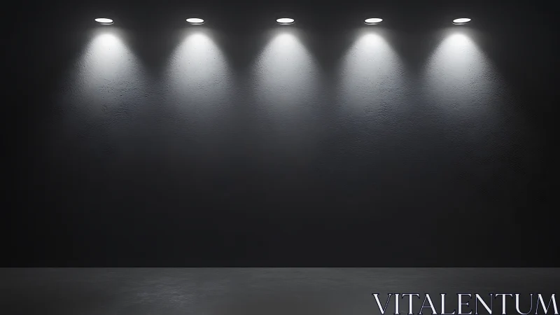 Minimalist dark gallery wall with five ceiling spotlights.