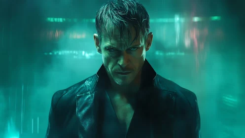Moody cyberpunk loner wrapped in emerald neon fog.