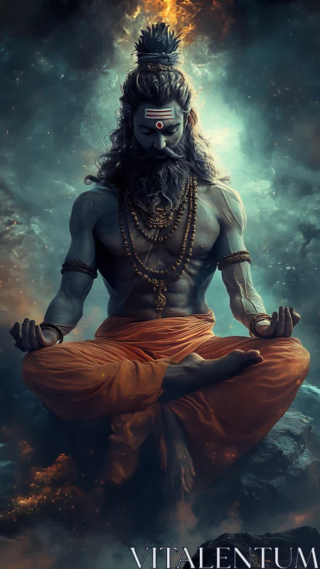 Serene blue sage in fiery cosmic meditation glow.