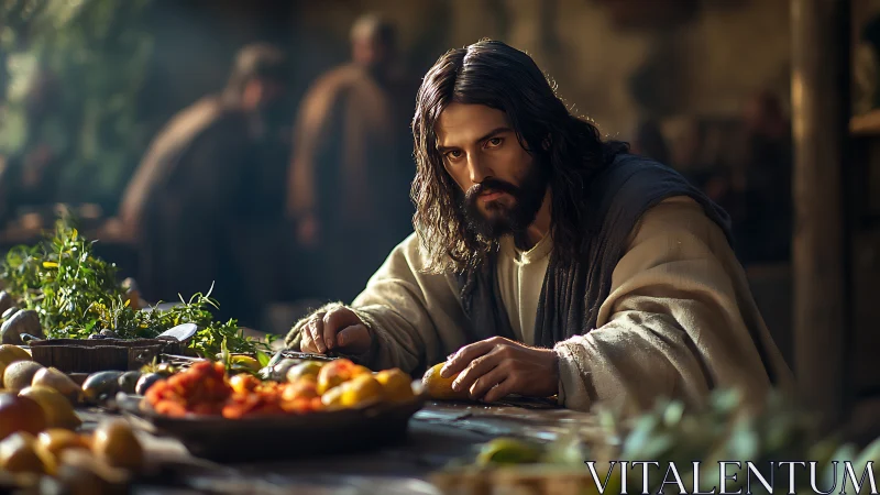Contemplative robed man at rustic table with vivid foods.