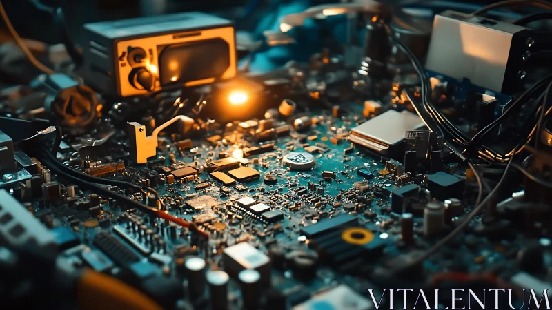 Illuminated circuit board under repair in cluttered lab