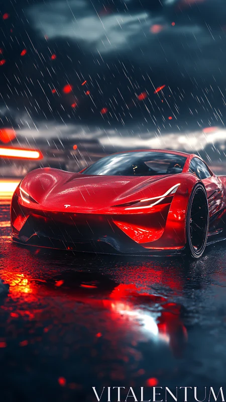Electric red supercar slicing through neon rainstorm night.