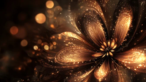 Fractal luminous blossom with golden particle dispersion field.