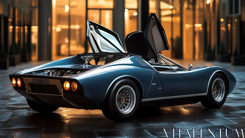 Midnight-blue classic supercar poised for golden-hour escape.