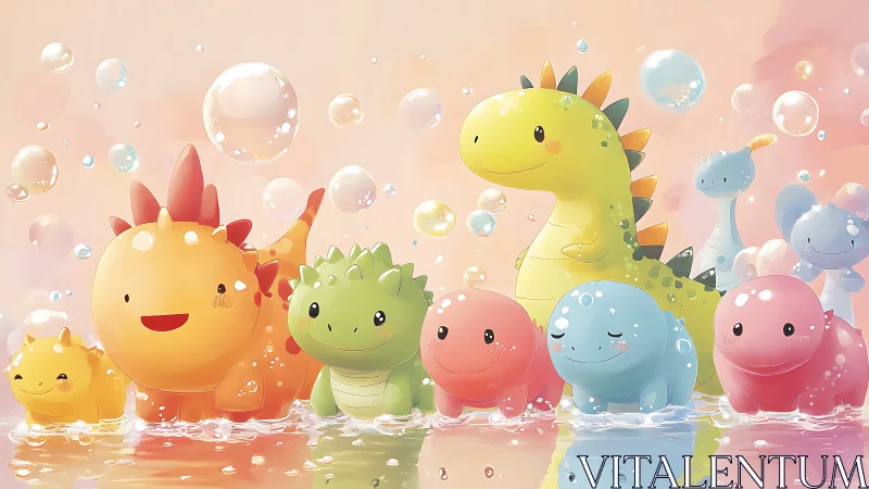 Cartoon dinosaur toys stand in shallow water under bubbles
