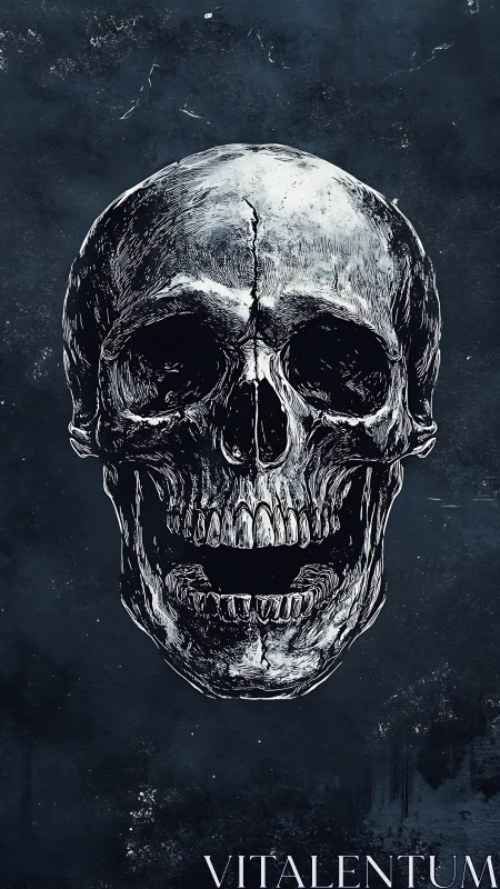 Detailed human skull illustration on dark textured field.