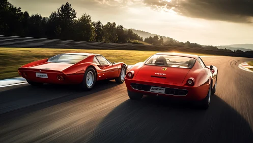 Red classic sports cars race through sunlit mountain circuit.